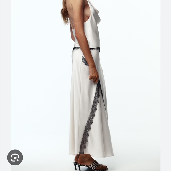 Zara NWT satin effect lace midi skirt cream black 3530/896 - Picture 2 of 9